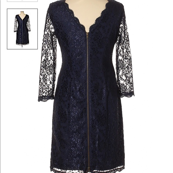 Lace Cocktail Dress Navy Blue 3/4 Sleeve - Picture 2 of 8